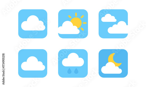 Minimalist weather icons: sun, clouds, rain, and moon