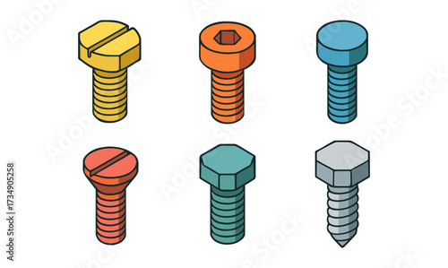 Colorful isometric screws and bolts collection in various designs