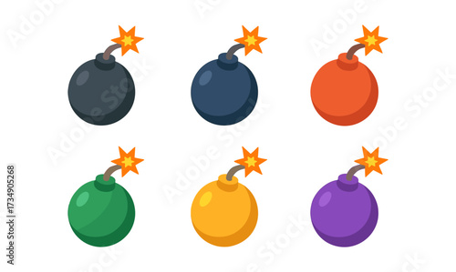 Colorful cartoon bombs with lit fuses and stars in flat style design