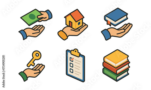 Colorful icons of investment and education featuring hands holding money, book, house, key, checklist, stack of books