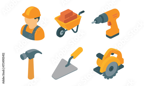 Isometric construction tools and worker icons set for building projects