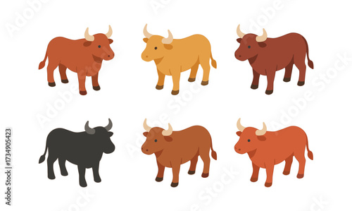 Colorful isometric bulls in various shades and forms