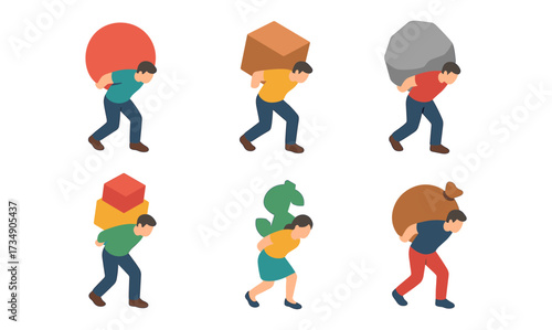 Isometric characters carrying heavy loads: geometric shapes and currency symbols