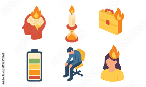 Burnout concept icons set including stress and exhaustion in work and life