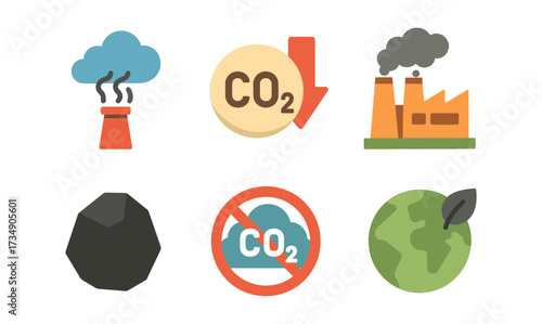 Flat design eco icons: emissions, pollution, carbon reduction, and sustainability symbols