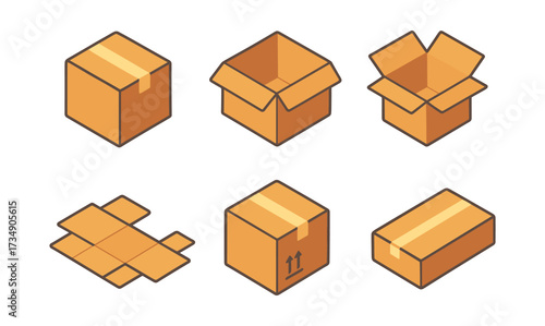 Isometric cardboard box set: packing, shipping, and folding designs