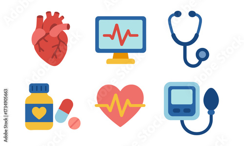 Colorful medical icons set featuring heart, ecg, stethoscope, medication, and blood pressure monitor