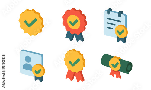 Colorful isometric set of achievements and awards with icons for success and certification