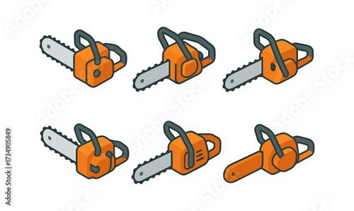 Isometric chainsaw collection: diverse designs in bold orange and gray