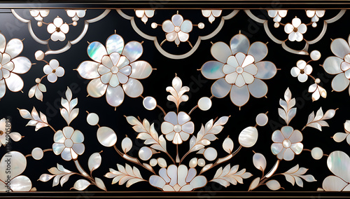 Korean mother-of-pearl patterns. Korean Lacquerware Pattern Design, featuring intricate Mother-of-Pearl Inlay on a rich black Lacquer background, crafted by traditional Korean Najeonchilgi artists