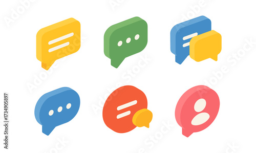 Colorful isometric speech bubbles and chat icons on white background