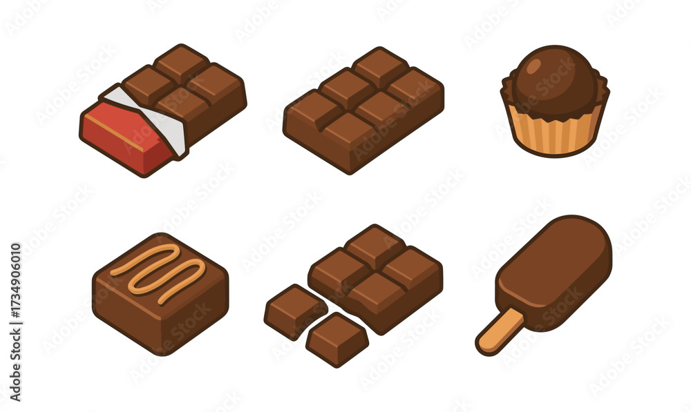 Fototapeta premium Assorted chocolate icons in isometric style for sweet treat designs