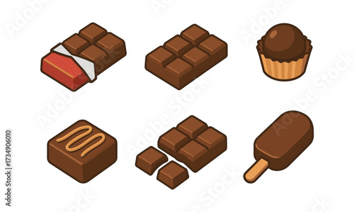 Assorted chocolate icons in isometric style for sweet treat designs