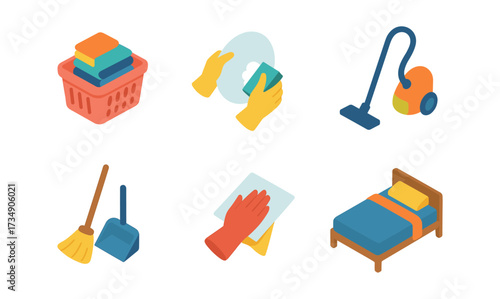 Household chores icons set featuring cleaning tools and activities in isometric style