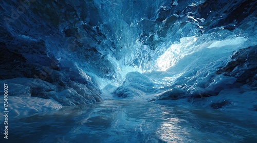 A glacial cavern with icy formations and a reflective pool. Blue light permeates the scene