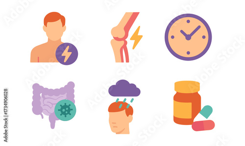 Health awareness icons set: pain, inflammation, digestive issues, mental health, medication, time management