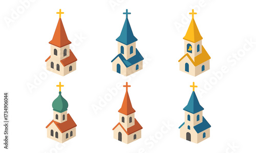 Isometric church tower designs in diverse colors for architectural inspiration