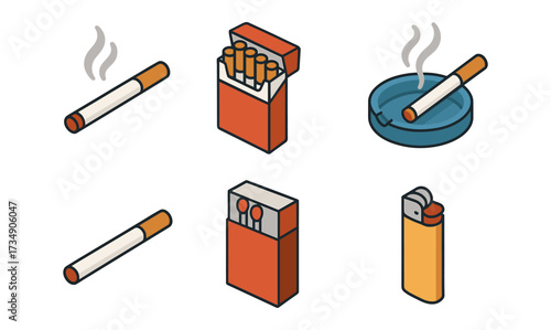 Smoke-themed icons: cigarettes, packs, ashtray, and lighter in flat design