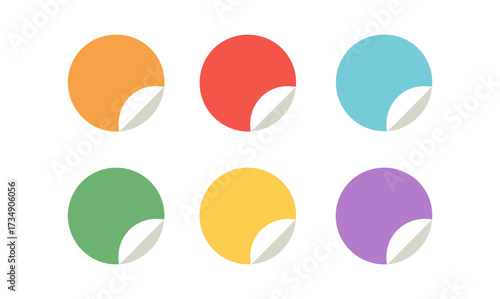 Colorful circle stickers with turned corners on white background