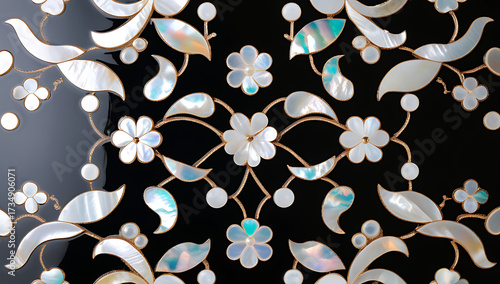 Korean mother-of-pearl patterns. Korean Lacquerware Pattern Design, featuring intricate Mother-of-Pearl Inlay on a rich black Lacquer background, crafted by traditional Korean Najeonchilgi artists