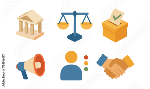 Government and election themed icons: justice, voting, politics in flat design