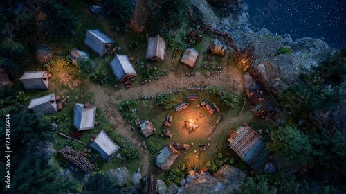 Village night scene aerial view