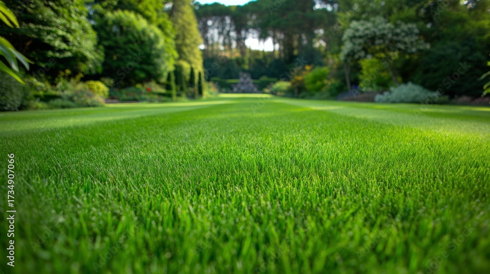 Obraz premium Beautifully manicured green lawn in serene garden setting - ideal for landscaping inspiration and outdoor relaxation