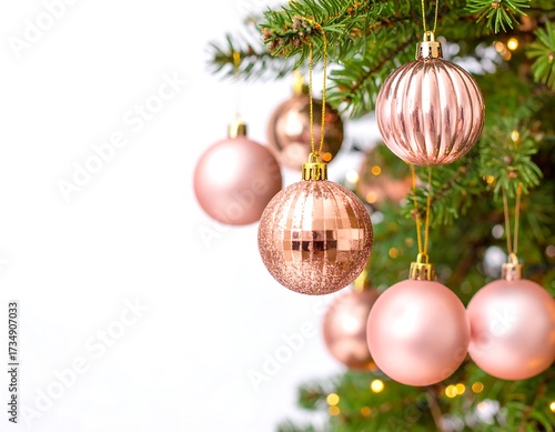 Christmas tree adorned with delicate, rose gold baubles