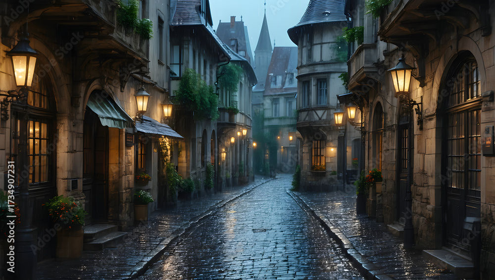 Obraz premium Misty Nights in a Quaint European Alley