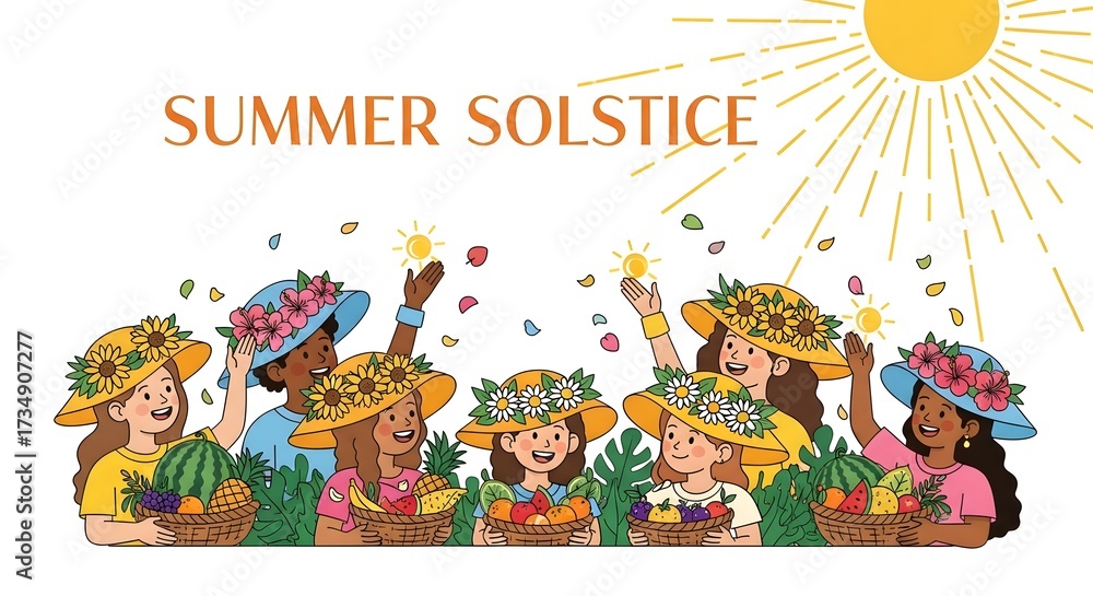 Naklejka premium Summer solstice celebration with colorful cartoon sun, flowers and tropical joy, isolated on white.