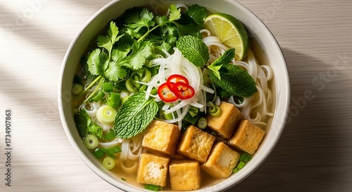 Delicious and Vibrant Tofu Pho Soup with Fresh Herbs