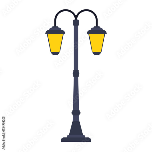 An elegant vintage lamppost featuring two glowing street lights, a classic urban outdoor lighting fixture isolated on a white background for design