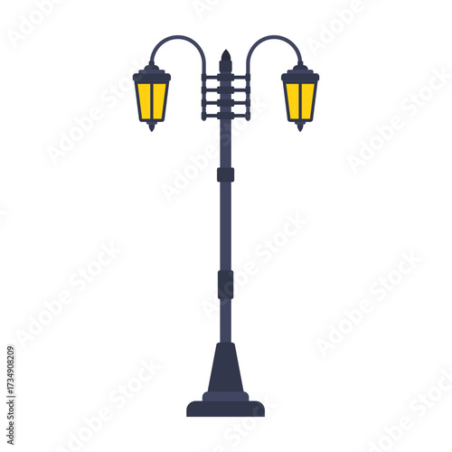 Ornate antique street lights with yellow light bulbs illuminating a path with a dark base and pole