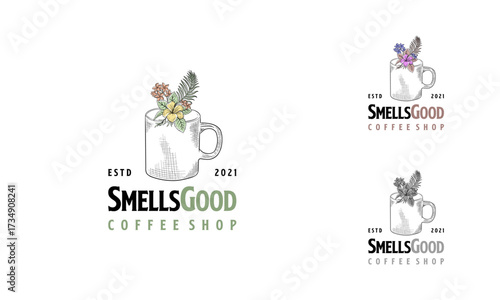 Hand drawn coffee cup logo with beautiful Flower, Smells Good Coffee cafe logo template