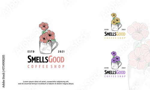 Hand drawn coffee cup logo with beautiful Flower, Smells Good Coffee cafe logo template