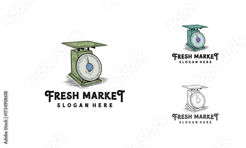 Fresh Farmer Market with scale symbol logo vector, fruit scales hand drawn vintage logo