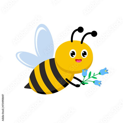 A cheerful and cute bee character, featuring bright yellow and black stripes, happily flying with a small bouquet of blue bellflowers, symbolizing spring and gentle nature
