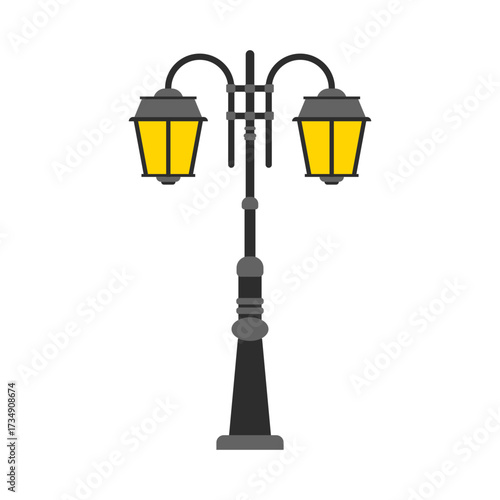 Ornate retro street lights post with two glowing yellow lanterns, a flat design vector illustration