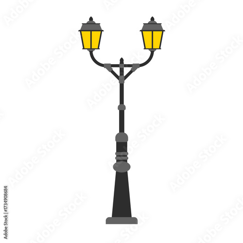 Classic ornate street lights with two glowing lanterns. A vintage black lamppost providing urban illumination, isolated on a white background for design