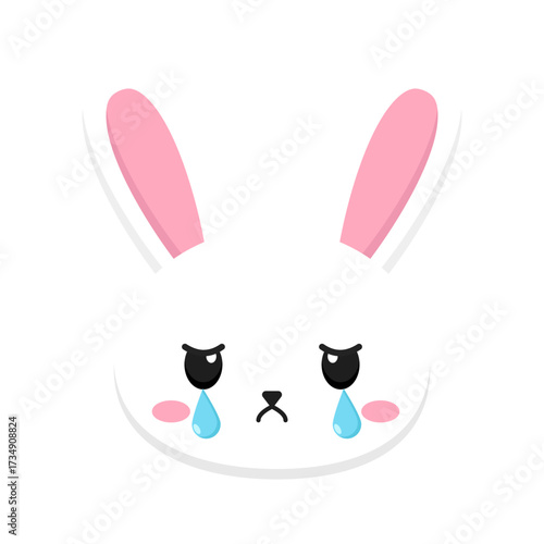 A charmingly sad cute bunny character icon, featuring large pink ears and tearful eyes, portraying heartfelt emotion in a simple, graphic design style on a white background
