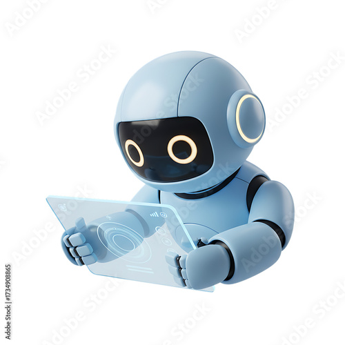 3d illustration of modern blue robot using a transparent tablet isolated on transparent background, showcasing advanced technology and artificial intelligence