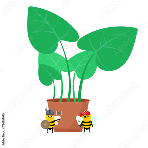 A cute bee dressed as a Viking and a pirate companion stand in front of a large green houseplant in a charming vector illustration