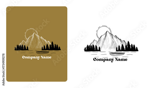 lake with mountain hand drawn vintage logo vector, outdoor adventure illustration