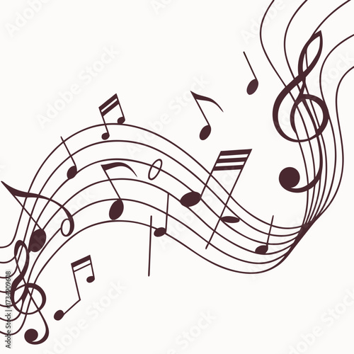 Abstract flowing musical notes and treble clef on a white background creating a sense of melody and harmony