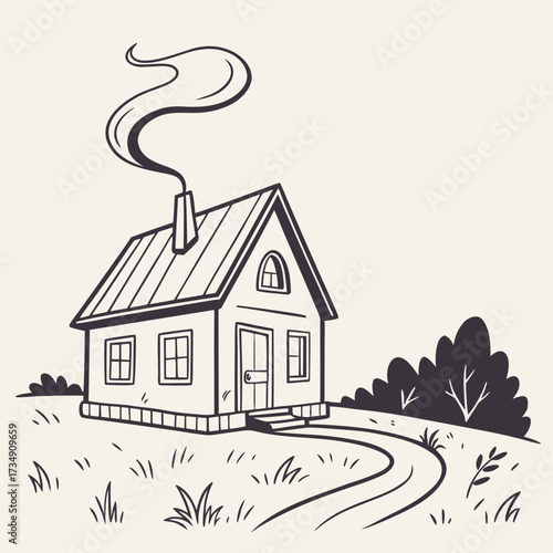 Charming hand drawn sketch of a cozy cottage with smoke gently rising from its chimney on a bright day