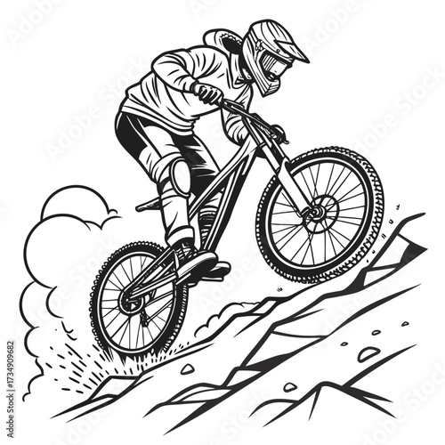 Dynamic black and white illustration of a downhill mountain biker skillfully navigating a steep rocky terrain with speed and agility