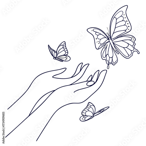 Delicate outline drawing of open hands gently releasing beautiful butterflies into the air symbolizing freedom and transformation