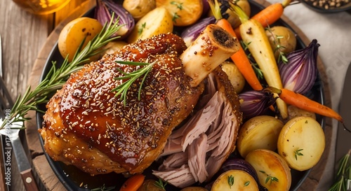 Roasted Pork Knuckle with Vegetables Served on a Platter