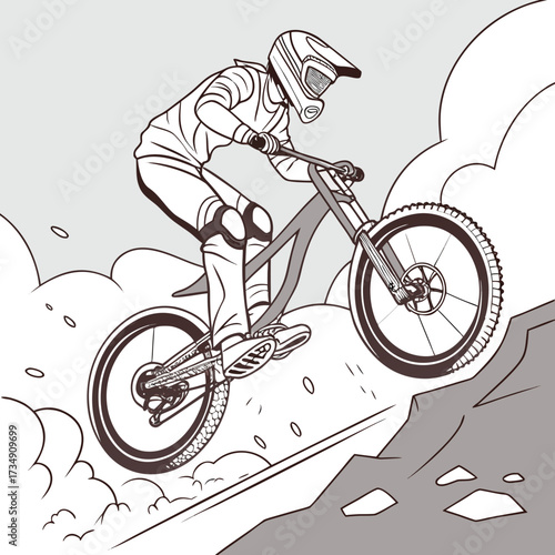 Dynamic illustration of a downhill mountain biker in full protective gear speeding down a rocky slope with dust clouds