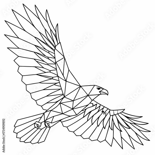 Geometric eagle flying with wings spread wide in a stylized line art illustration on a white background